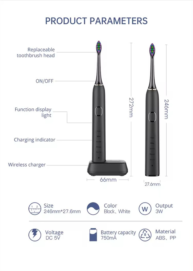 Rechargeable Waterproof IPX7 Toothbrush Smart Sonic Toothbrush 5 Modes