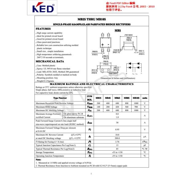 0.8A 1000V MBS MB1s~MB10s Bridge Rectifier for LED Lighting