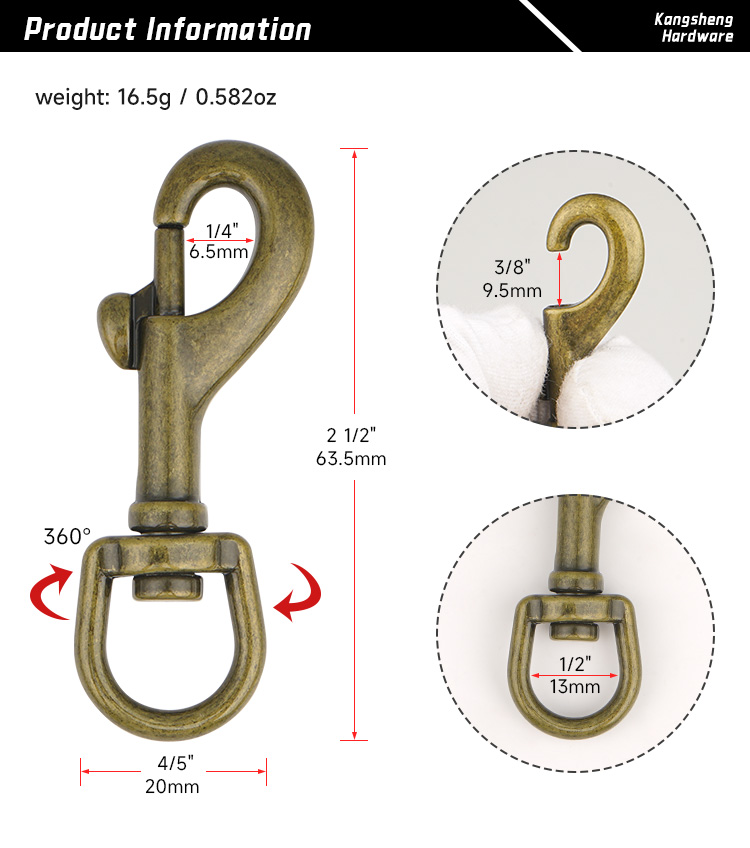 1/2" Snap Hook Bag 13mm Glossy Antique Brass Swivel Hook for Bag Strap Purse Hardware