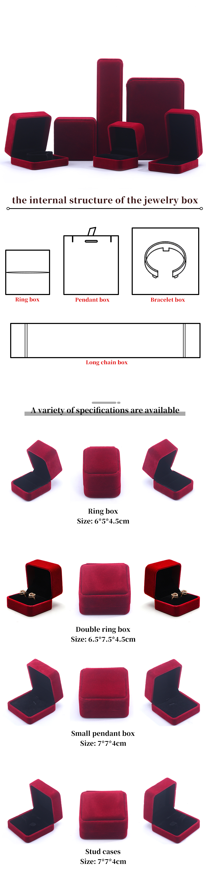 Wholesale Manufacturing Luxury velvet Jewellery Box Personalized Custom logo Red Necklace Bracelet Earrings Ring Packaging Velvet Jewelry Box