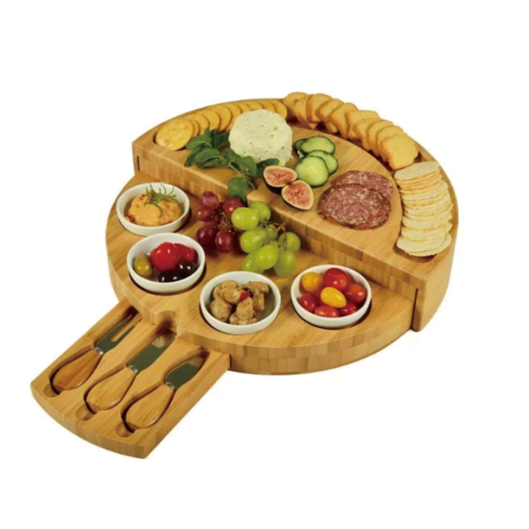 Best Gift Bamboo Tray Multi-function Round Shape Cheese Cutting Board with Knife Set