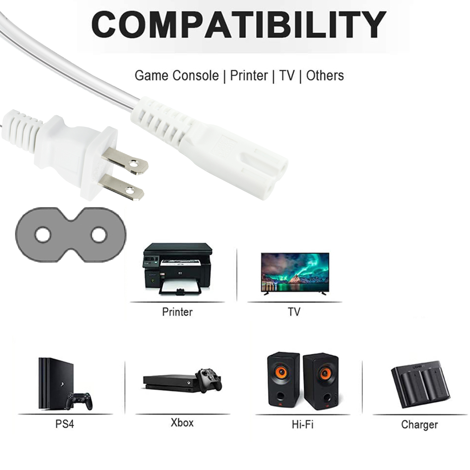 QIUCABLE TV Power Cord - 2Pack 10FT 2 Prong Non-Polarized Plug NEMA 1-15P to C7 Figure 8 Replacement Supply Cord ( B0D7RKLTSJ)
