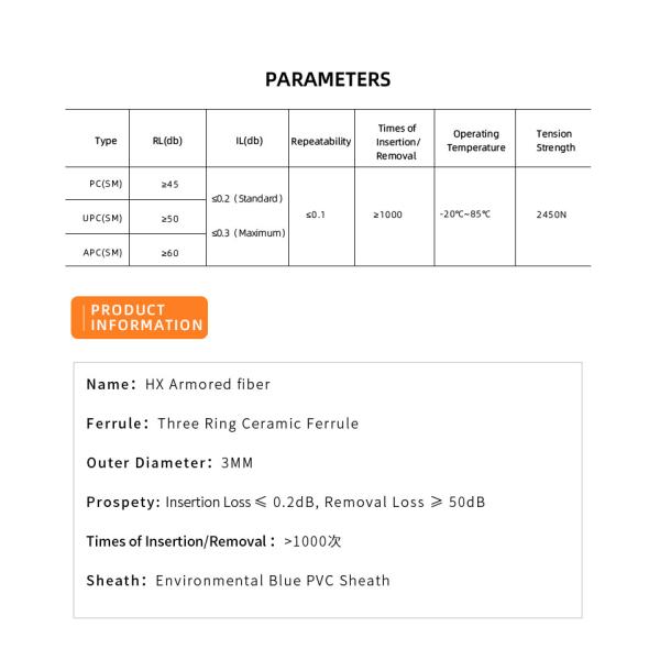 FTTH PVC 3.0MM Single Mode G657A1 3M ST/UPC-ST/UPC Armored Fiber Optic Patch Cord