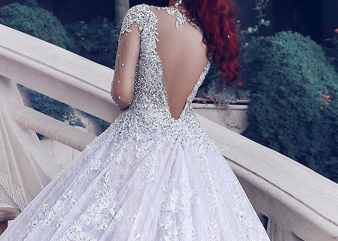 Backless Lace Long Tail Bridal Gown / Diamond Beads Silver Sequin Wedding Dress