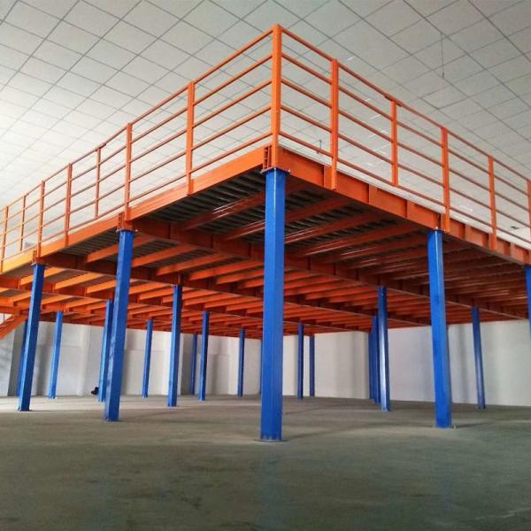 Steel platform installation in warehouse setting showing structural integrity