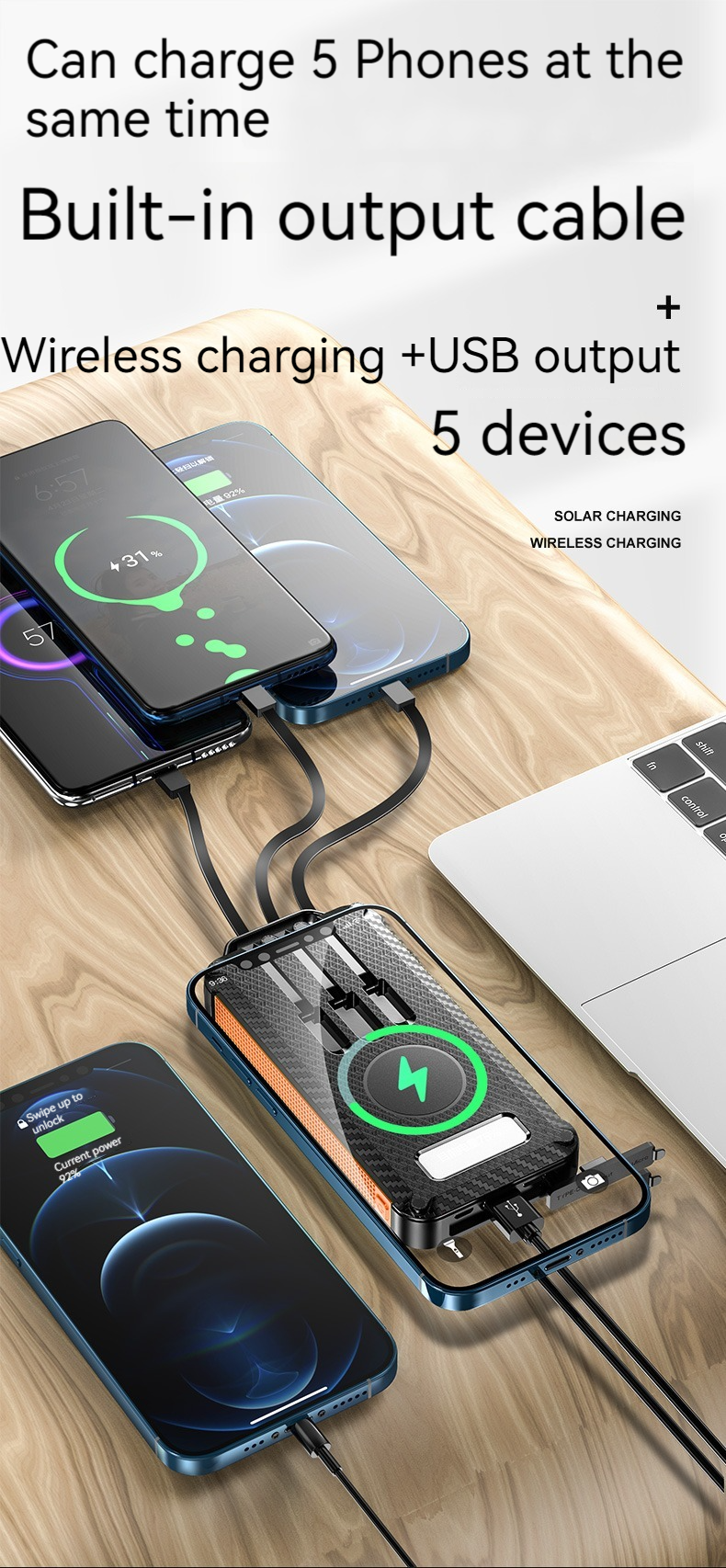 Ultra Thin Fast charging Battery Charger 10000mAh Wireless Solar Power Bank for Outdoor