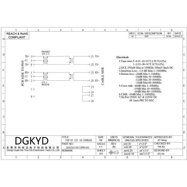 RJ45 interface 10/100 Base-T integrated magnetic lightless strip shielding DGKYD211B175HWA4DZ