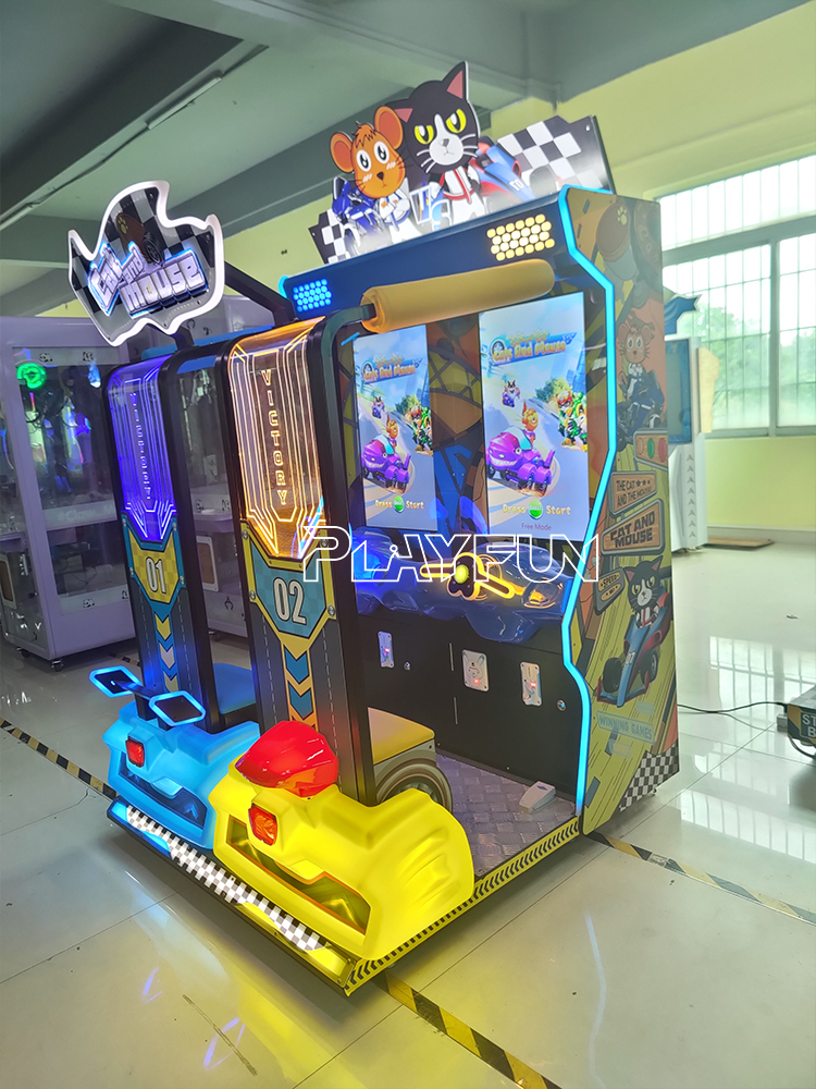 PlayFun Coin Operated Cat and Mouse Indoor Driving Game Kids Drive Car Racing Speed Drift Arcade Family Redemption Game Machine