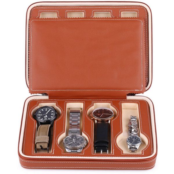 Portable 8 Grids Brown Leather Watch Case Box Customized Color For Men Women