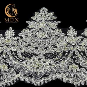 OEM White Scalloped Beaded Bridal Lace Trim Embroidery 80% Nylon