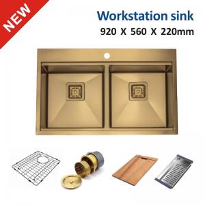 Quality Double Bowl Top Mount Workstation Sink Stainless Steel Drop In Glod Sink 92x56 wholesale