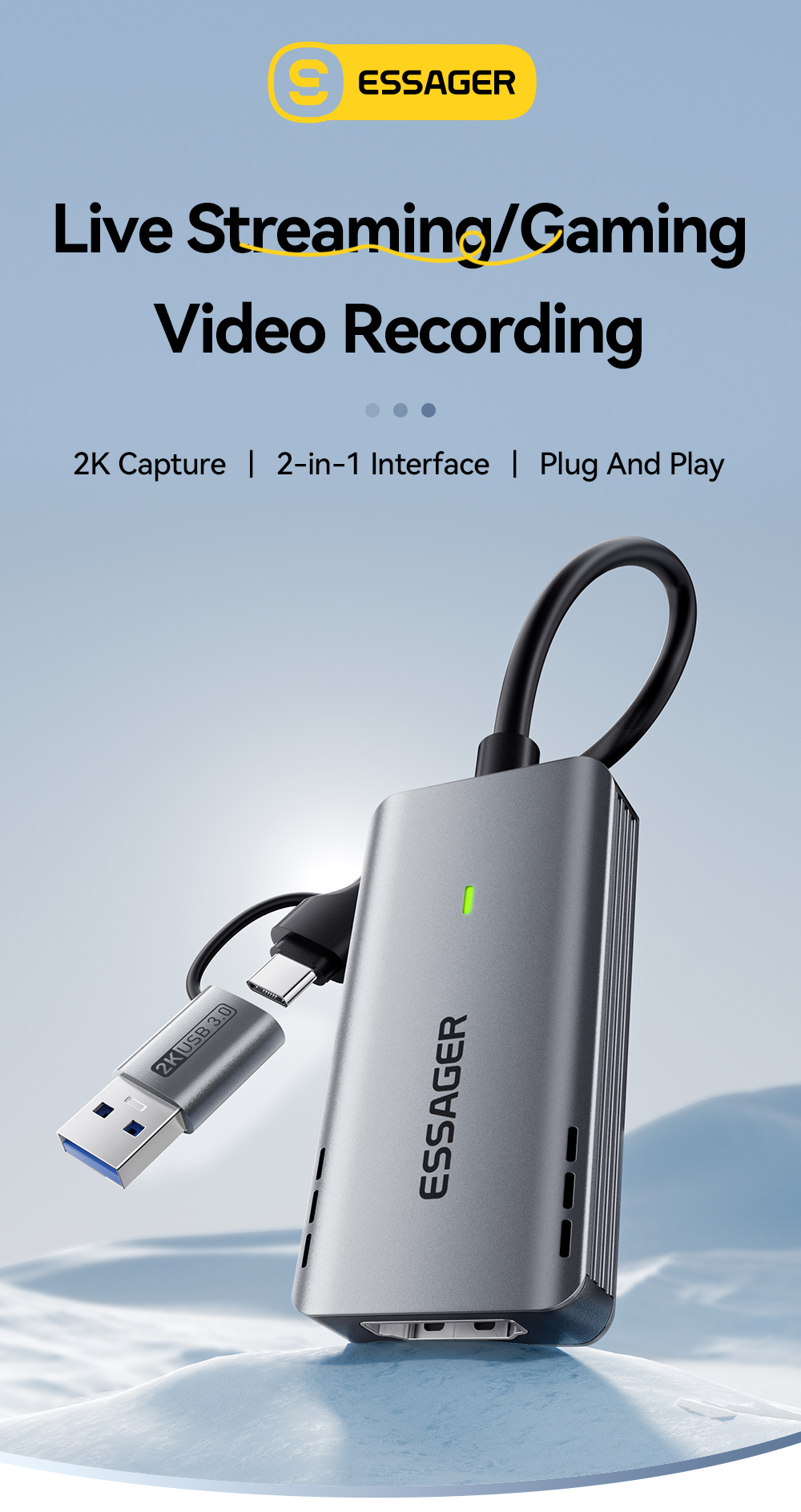 ESSAGER ES-CJK01 USB 3.0 Type C Hdmi 1080p 2K 4K Video Capture Card For PC TV Phone Laptop Camera Live Streaming Gaming