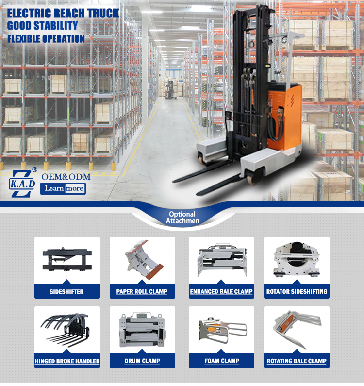 Stand Up Reach Forklift With 4500mm Lift 2T Load Easy Narrow Warehouse Handling