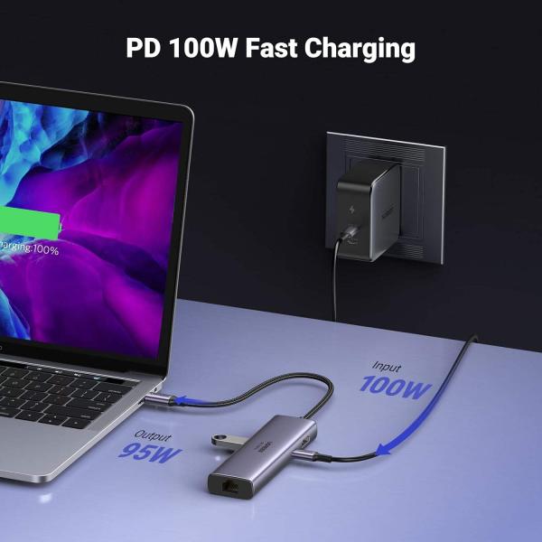 7 in 1 USB C Hub Gigabit Ethernet Adapter 100W PD Charging, USB A Data Ports, SD/TF Card Reader