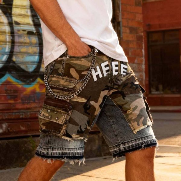 Shorts Manufacturer Custom Camouflage Distressed Denim Shorts Double Layer Streetwear Rivet Camo Cargo Jorts Shorts for Men