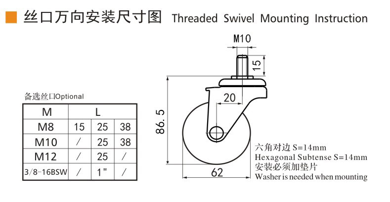 EDL Mini Caster Wheels 2.5inch 40kg Threaded TPU by Swivel and Brake type