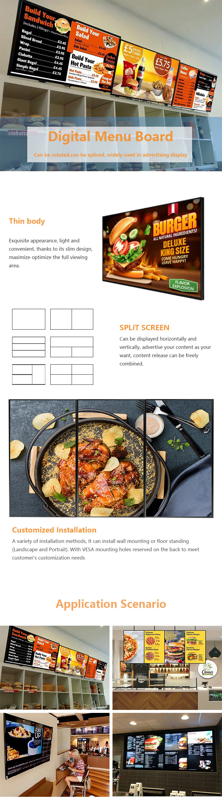 Fengshi 32 inch 700nit FHD Ultra Narrow Indoor Digital Menu Boards For Restaurants