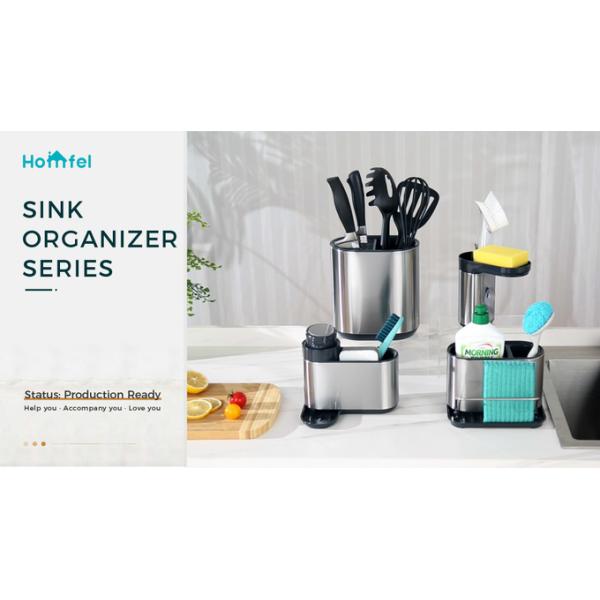 Custom Logo Imprinted Stainless Steel Sink Tidy Organizer Kitchen Caddy Shelf With Dispenser