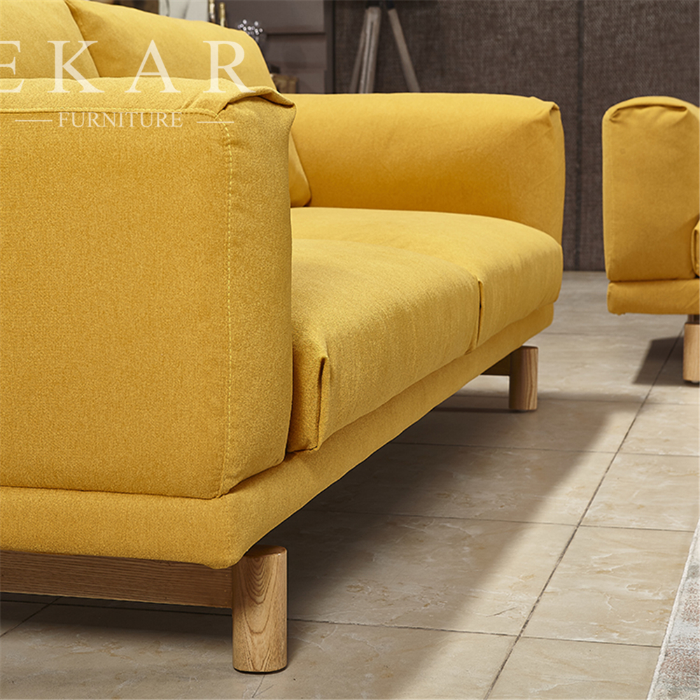 Wide Couch Set Pine Wood Yellow Fabric Sofa Set AW-1618