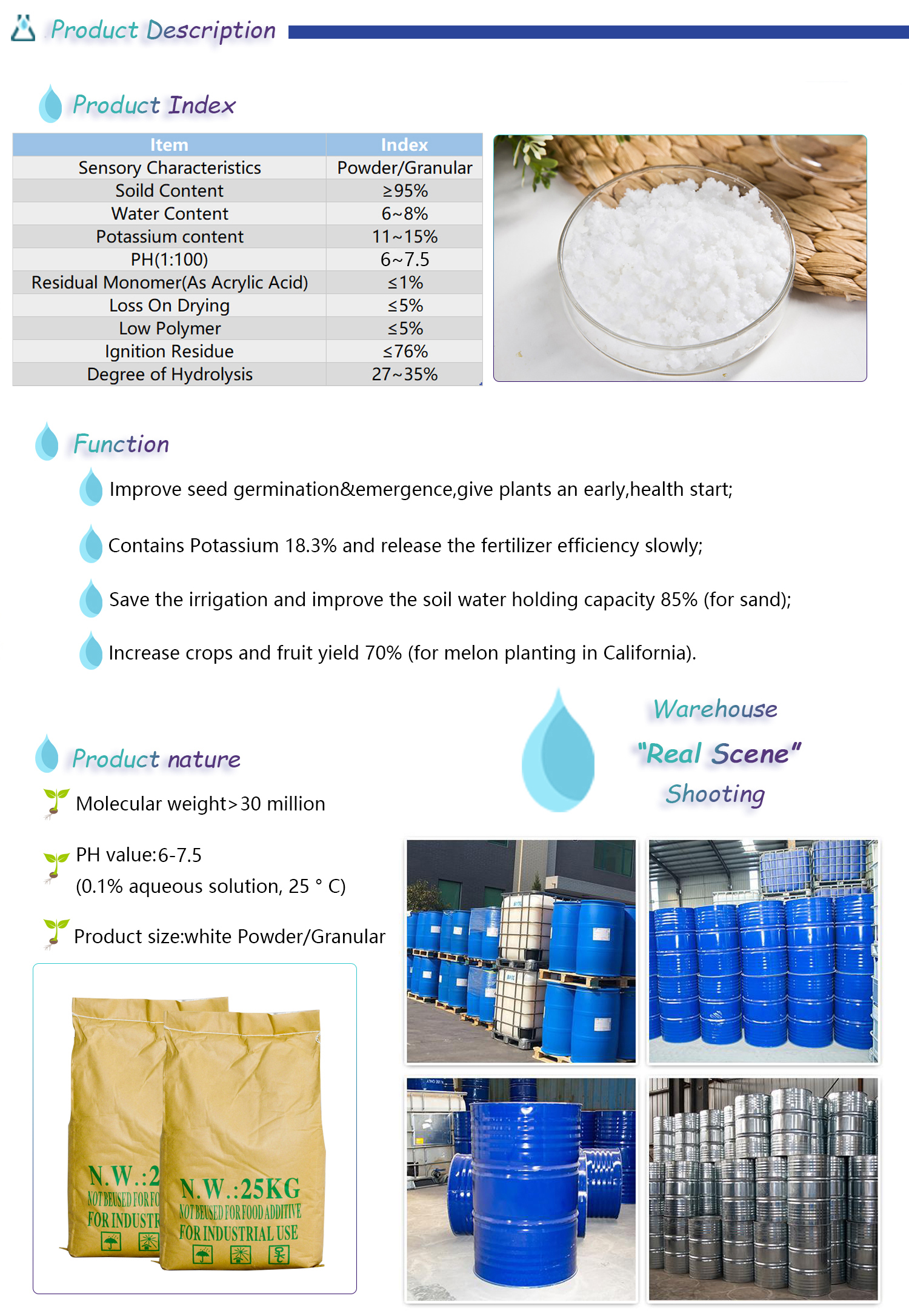 Agriculture Potassium Polyacrylate Hydrogel For Plants Superabsorbent Water Absorbing Crystals
