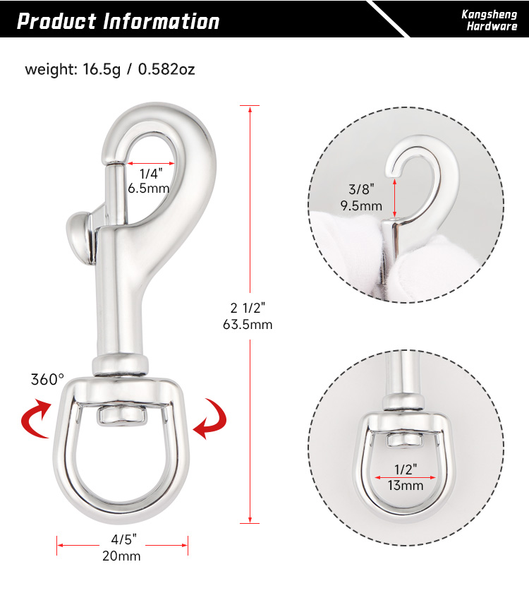 Chrome Snap Swivel Clip Hook 1/2" Eye Bolt Metal Hook 13mm Swivel Snap Hook for Handbags