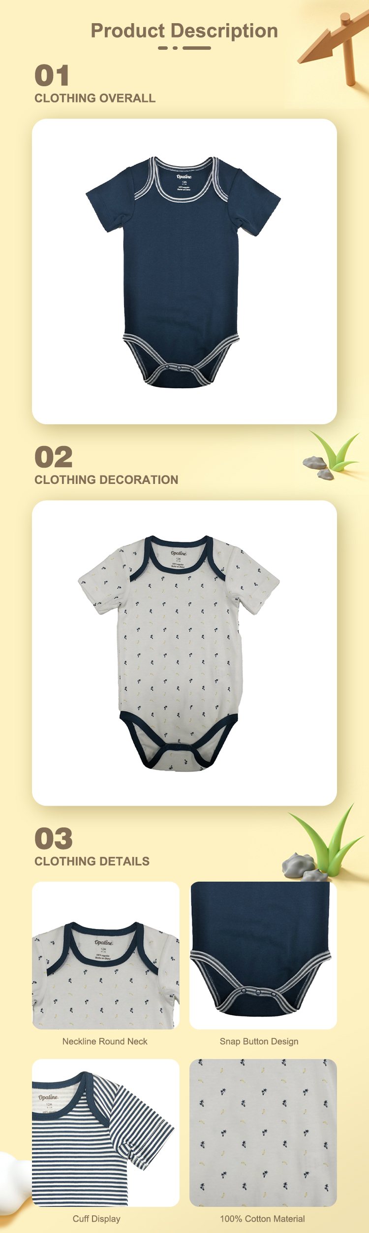 Newborn Summer 100% Cotton Short Sleeve Romper Clothes for Comfortable Baby Bodysuit