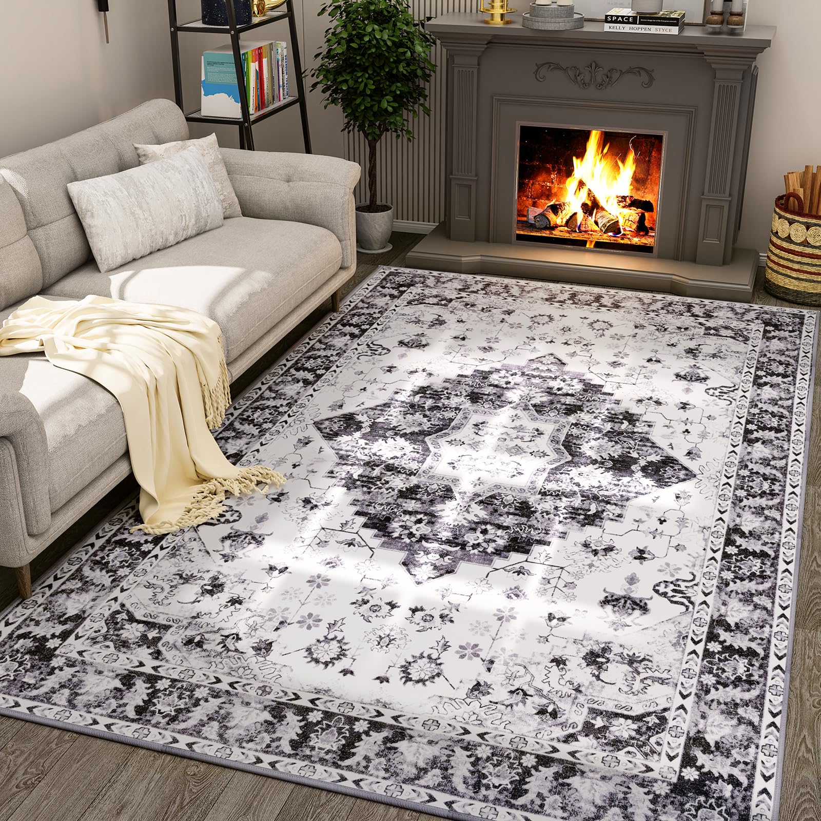 Cushioned Vintage Area Rug for Home Floor Non Slip and Washable Living Room Carpet