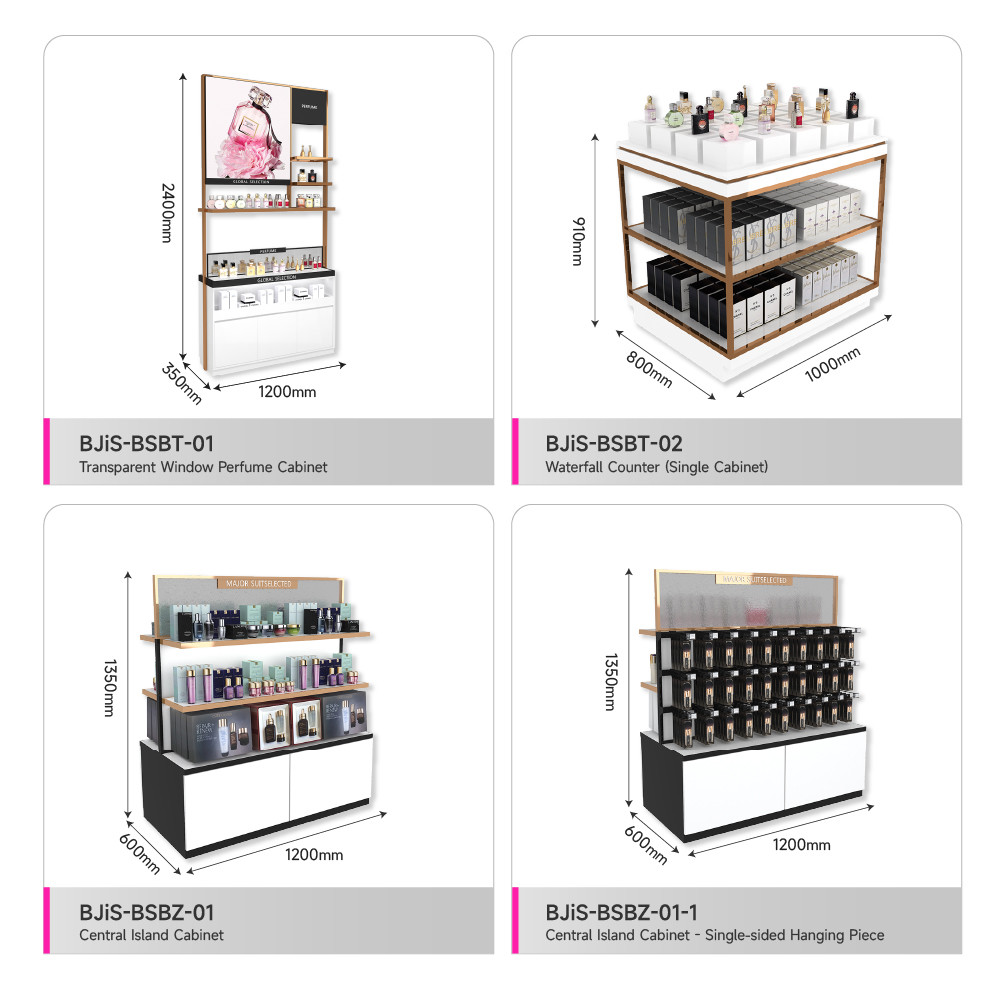 Beauty Store Stand Platinum Wooden Island Cabinet With Led Lights For Branded Makeup Store Cabinet And Luxury Display Shelf