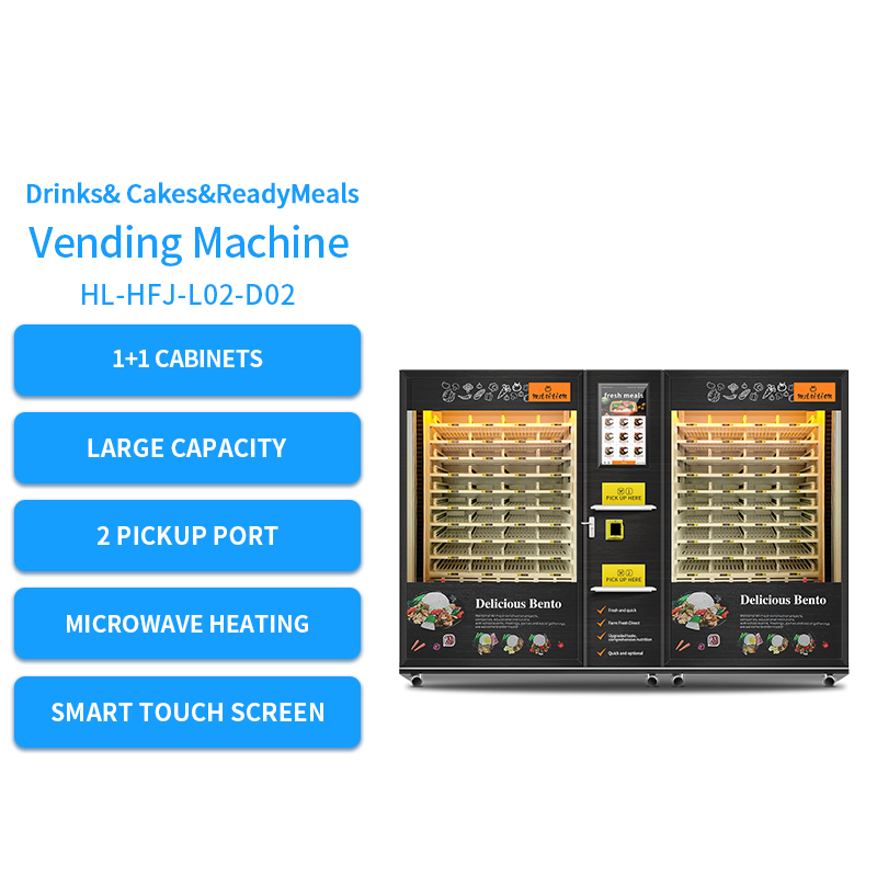 Large Capacity 2 Cabinets Vending Machine for Ready Meals with Microwave Heating And Drinks Cans Cakes Desserts