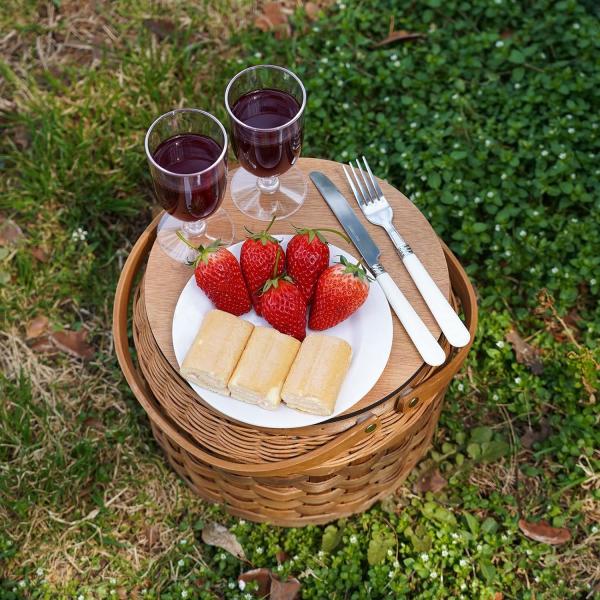 Small Picnic Baskets with Insulated Cooler, Picnic Basket Hamper for 2, Woodchip Wicker Basket, Including 2 Sets