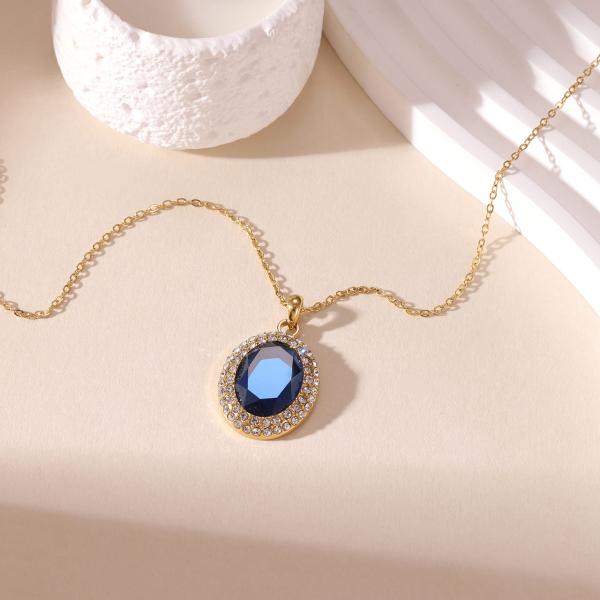 Necklaces for Women Stainless Steel with Big Blue Oval Zircon Stone and Clear Round Gems