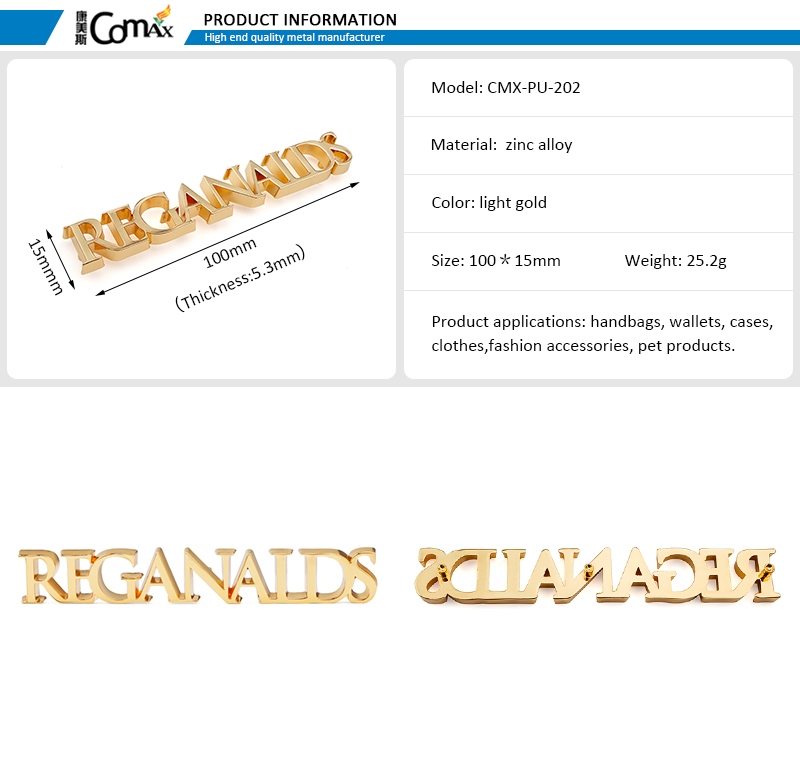 Nickel-free Alloy Letters English Letter Luxury Logos Metal Gold Metallic Logo for Handbag