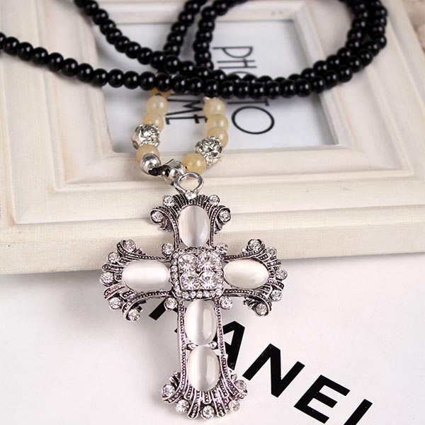 Factory jewelry Direct Sale popular new black bead opal cross necklace with long chain