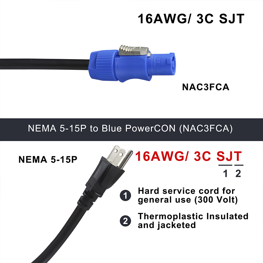 NEMA 5-15P to NAC3FCA 10A/15A American Power Cable AC 14AWG NEMA5-15P to PowerCon NAC3FCA for LED Screen