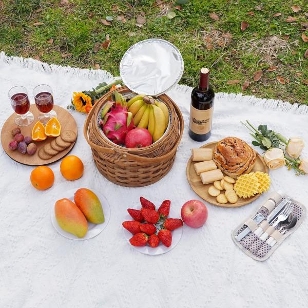 Small Picnic Baskets with Insulated Cooler, Picnic Basket Hamper for 2, Woodchip Wicker Basket, Including 2 Sets
