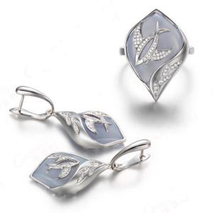 China White Gold Blue Chalcedony Damonds Ring Earrings Jewelry Set (GDSET001) on sale