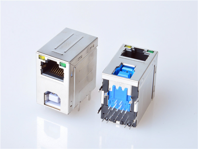 HULYN,RJ45 Modular Jack Connector, Shielded RJ45 + USB3.0 Combo Connector, Through Hole Type, LED