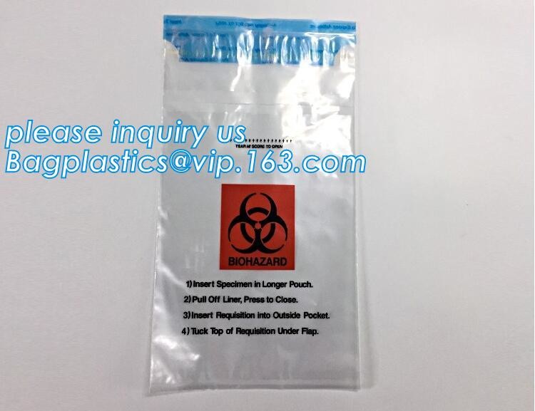 8"*10" BIOHAZARD PRINTED SPECIMEN BAGS with tear off line, 3-wall Biohazard Specimen Bags, Laboratory Specimen Transport