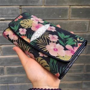 China Authentic Stingray Skin Female Long  Flower Trifold Wallet Genuine Leather Lady Large Clutch Bag Women Floral Coin Purse on sale