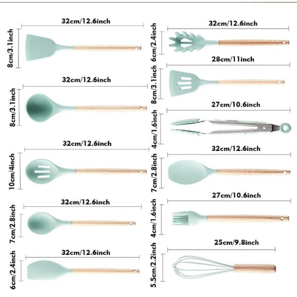 Silicone Wooden Kitchen Utensil Set With Stand Rustproof Multiapplication
