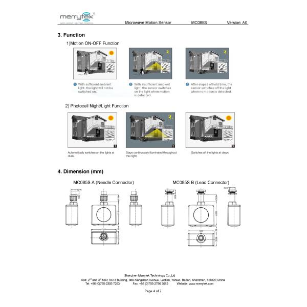 Needle Lead Connector Microwave Motion Sensor ON OFF For Flood Light MC085S