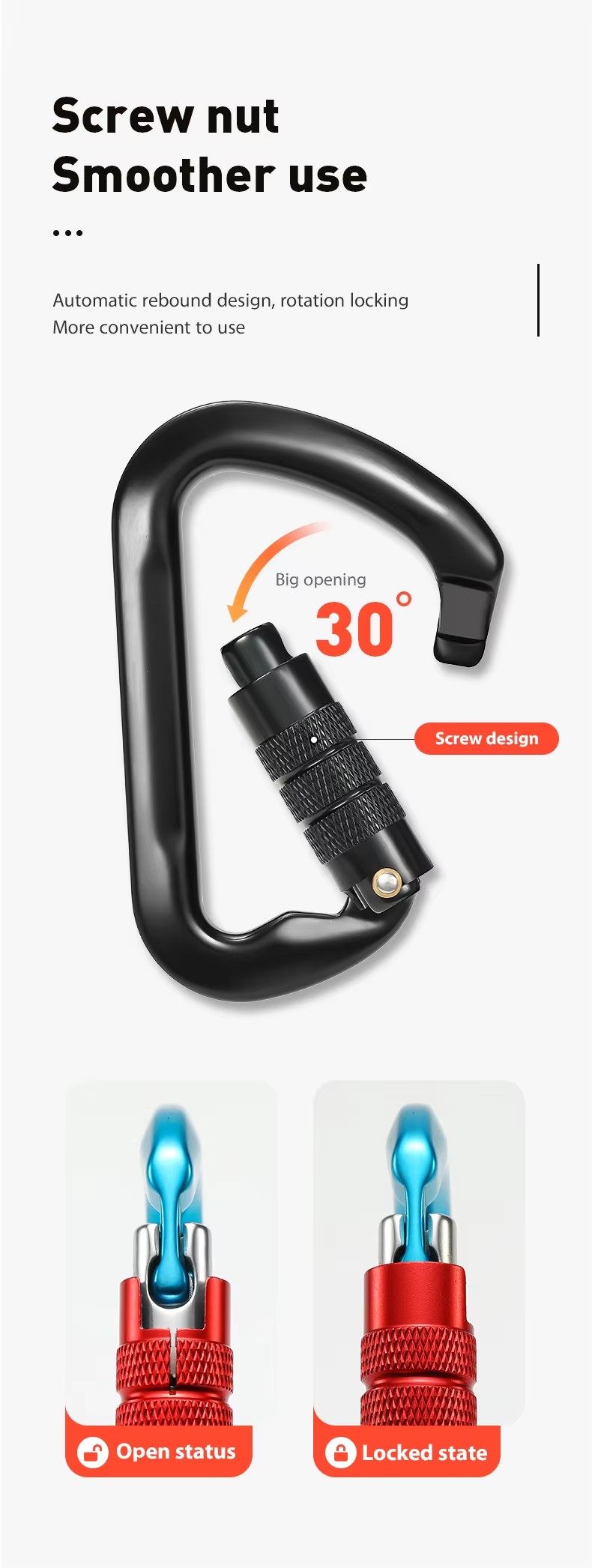 Aluminum 30KN D Shape Climbing Snap Hook Customized Outdoor Carabiner