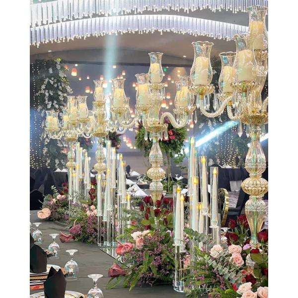 ZT-394 wedding decoration 6 arms cut glass cup tall gold color candle holder candelabras