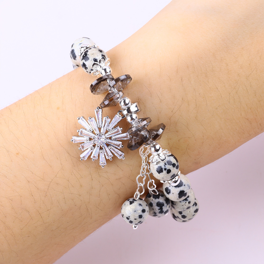 Custom Gemstone 8mm Round Dalamation Jasper With Snowflake Charm Bead Bracelet For Gift Giving