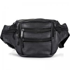 Quality Black Men Leather Travel Waist Bag Lining 210 D 4 Zipper Pocket Adjustable Strap wholesale