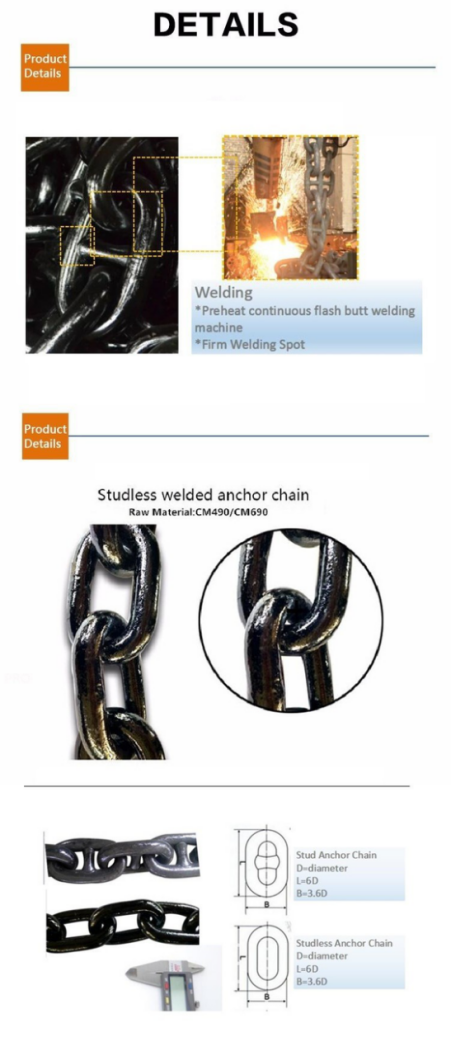 Black Coated Stud or Studless Marine Anchor Chain Ring Steel Forging Mooring Chain