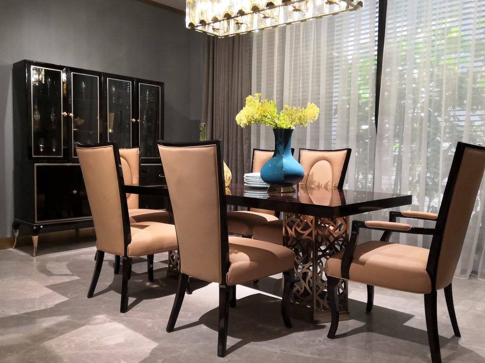 Luxury Ebony wood dining table with Golden stainless steel legs and Leather chairs Wine cabinets for Villa house buffet