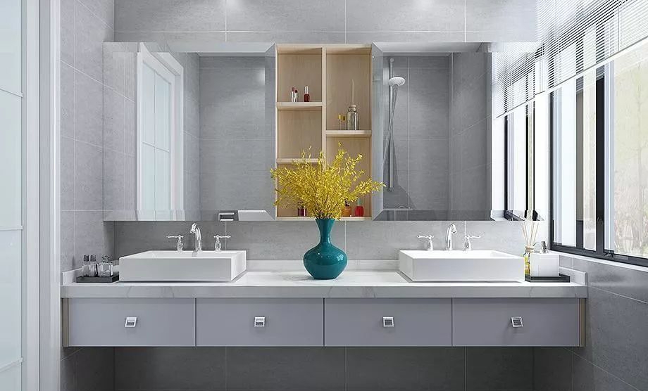 Double Sink Bathroom Vanity with Acrylic Door Panel Surface Treatment and Countertop