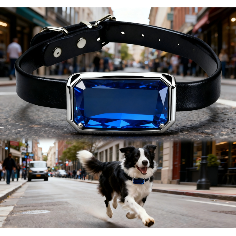 Rechargeable GPS Navigator Dog Collar Black Leather Blue Gem Shaped Adjustable Metal Buckle Waterproof 3 Year Battery Life