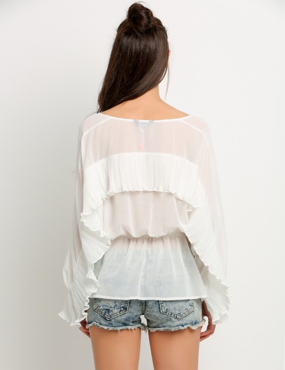 New Design Women Bat wing Long Sleeve Elastic Waist Ruffles Sheer Blouse Tops